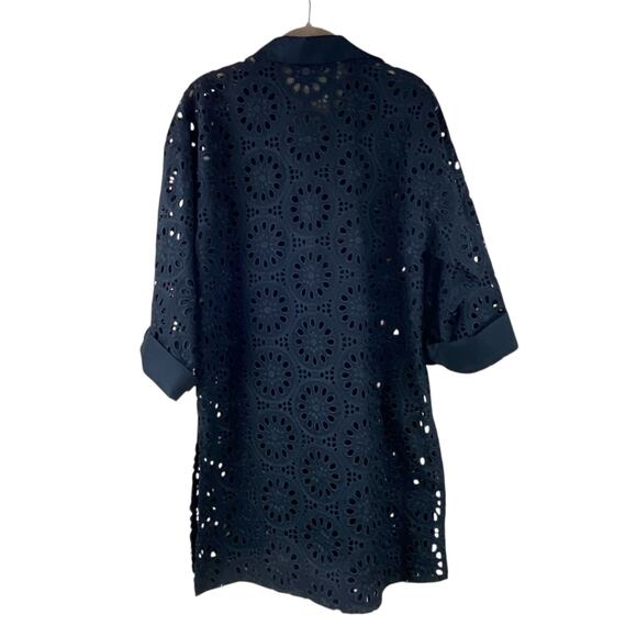 Ming Wang Floral Eyelet Long Tunic Top Size M Black Duster Buttons Lace - Picture 4 of 7